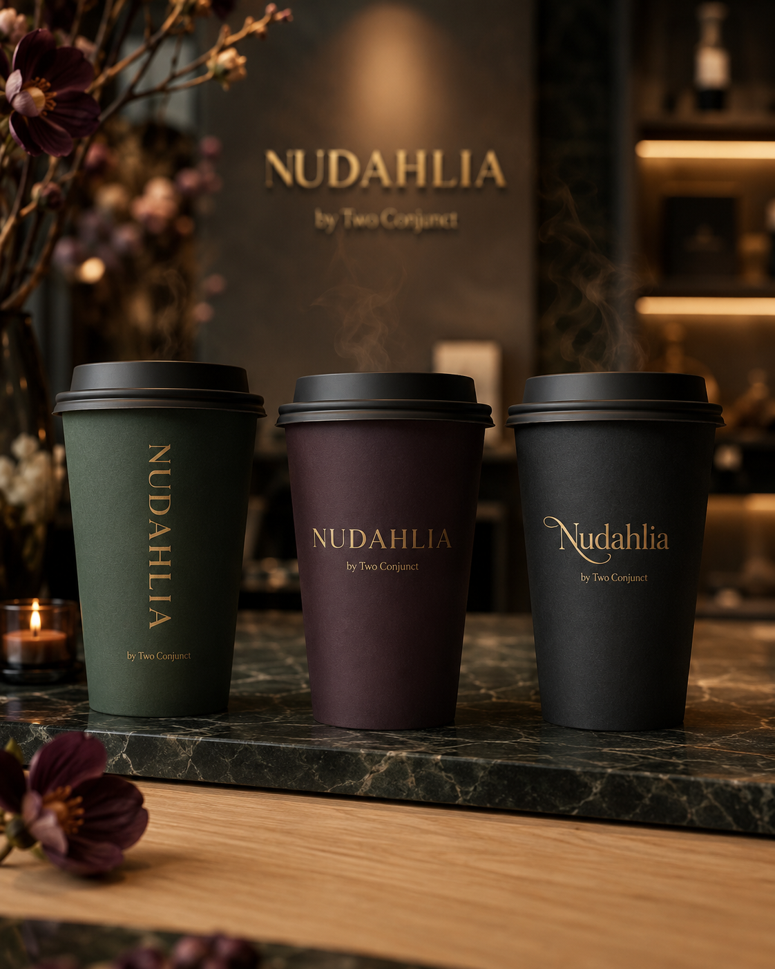 Nudahlia Cups – moosgrün, pflaume und schwarz auf Marmor